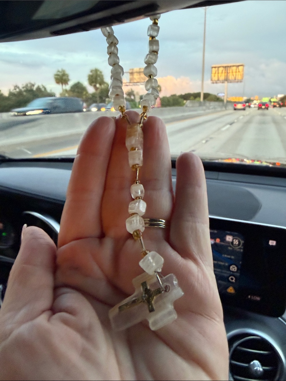 Pearl-Effect White Rosary Necklace with Cross Pendant